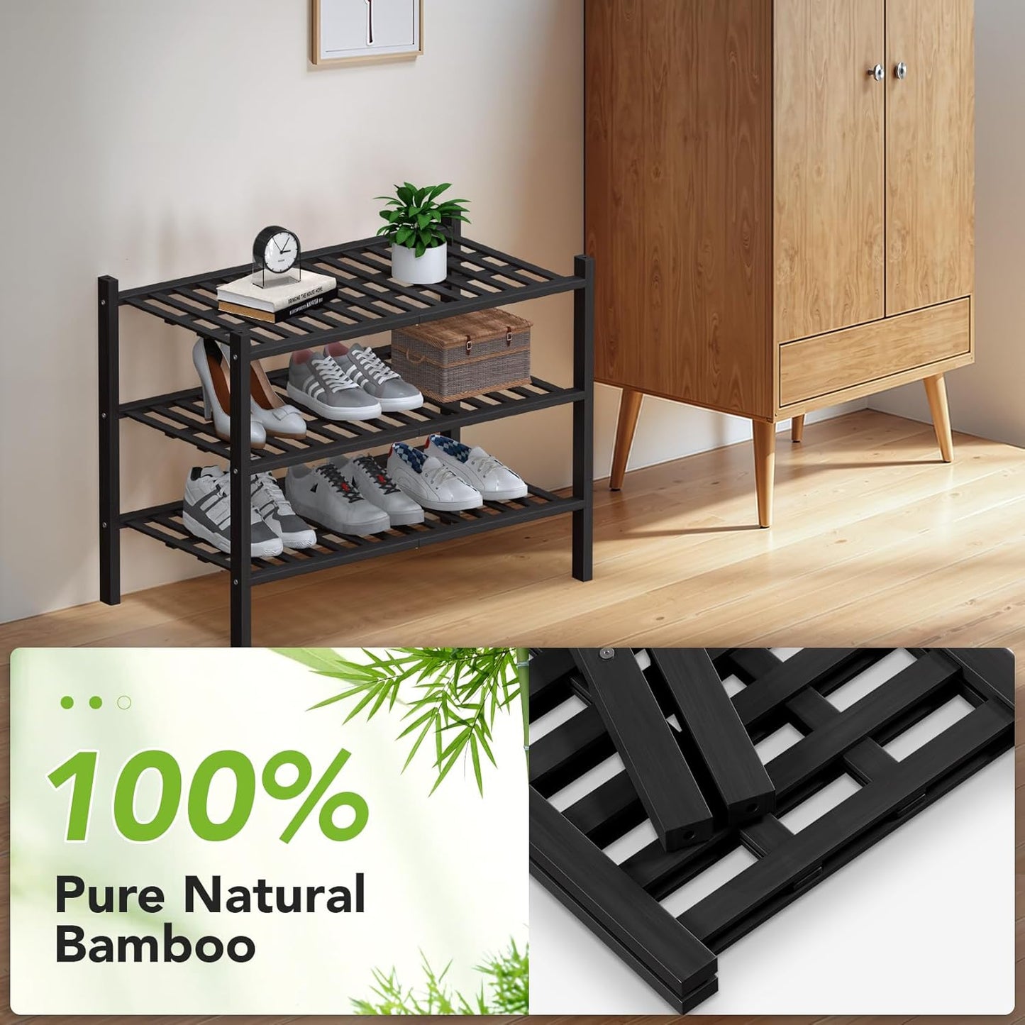 Haddockway Large 3 Tier Bamboo Shoe Rack Storage Organizer, Multifunctional Free Standing Stackable Shoe Shelf with Grid Panel for Closet,Hallway,Entryway,Small Space 27"x12"x21"(Black, 3-Tier(Large))