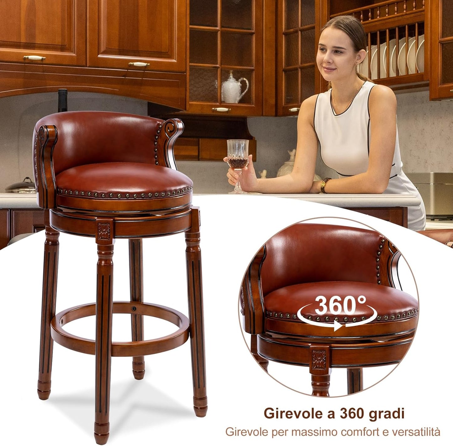 Cow top Leather Wooden Bar Stools, 29.5" Bar Height Bar Chair with Back, 180 Degrees Swivel Barstools Chair for Home Kitchen Counter,Dining Room, Restaurant,Study and Pub,1pc (Brown)