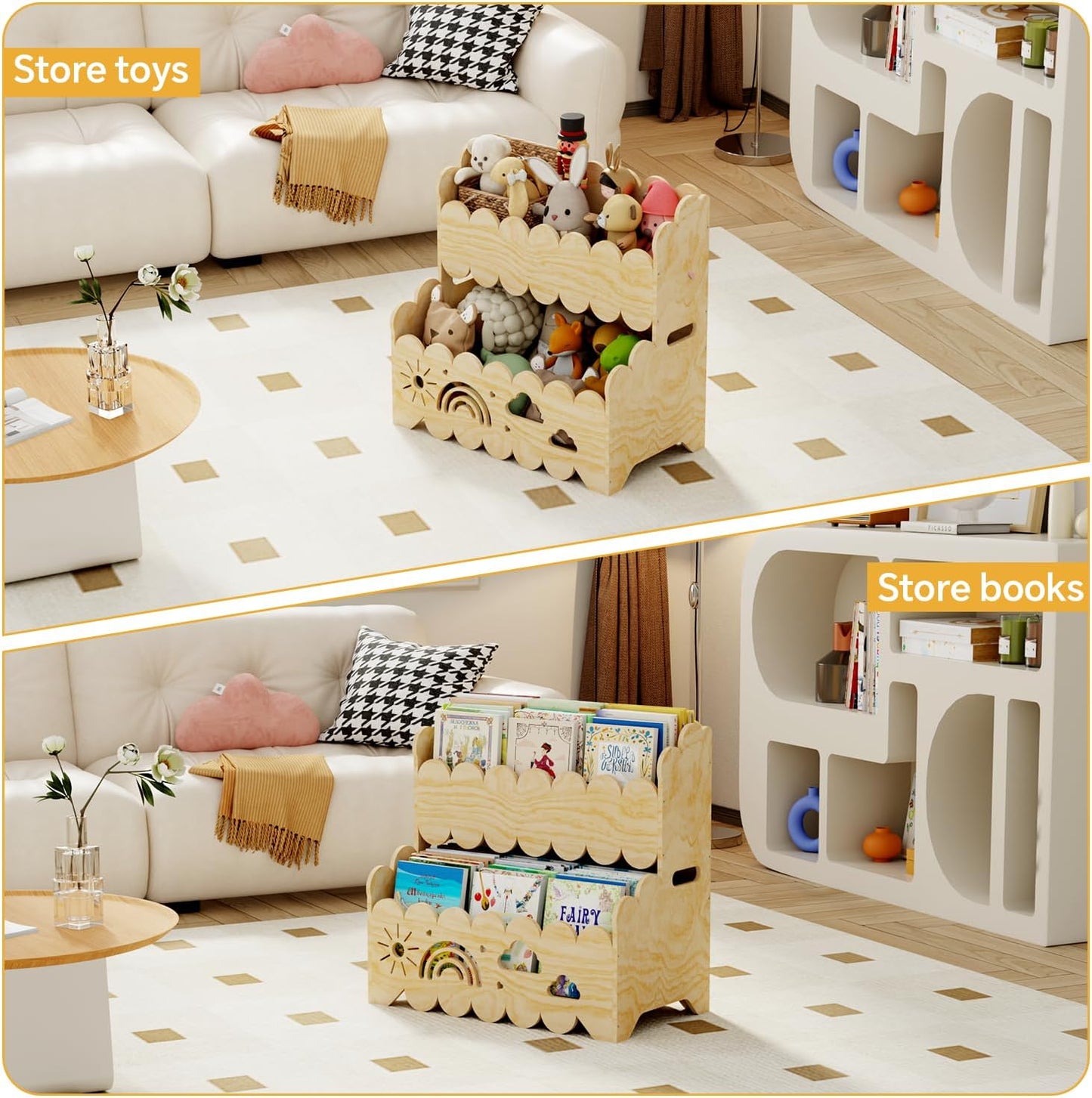 Wood 2-Tier kids bookshelf, Montessori Bookshelf, Suitable Kids Rooms, Nursery & Classroom, kids bookshelf and Toy Storage, Toddler Book Rack, Nursery Book Shelves