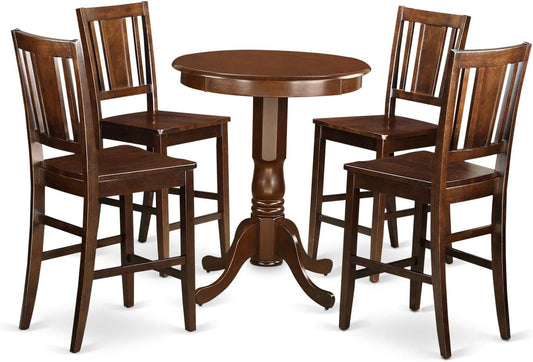 East West Furniture EDBU5-MAH-W 5 Piece Kitchen Counter Set Includes a Round Dining Table with Pedestal and 4 Dining Room Chairs, 30x30 Inch, Mahogany