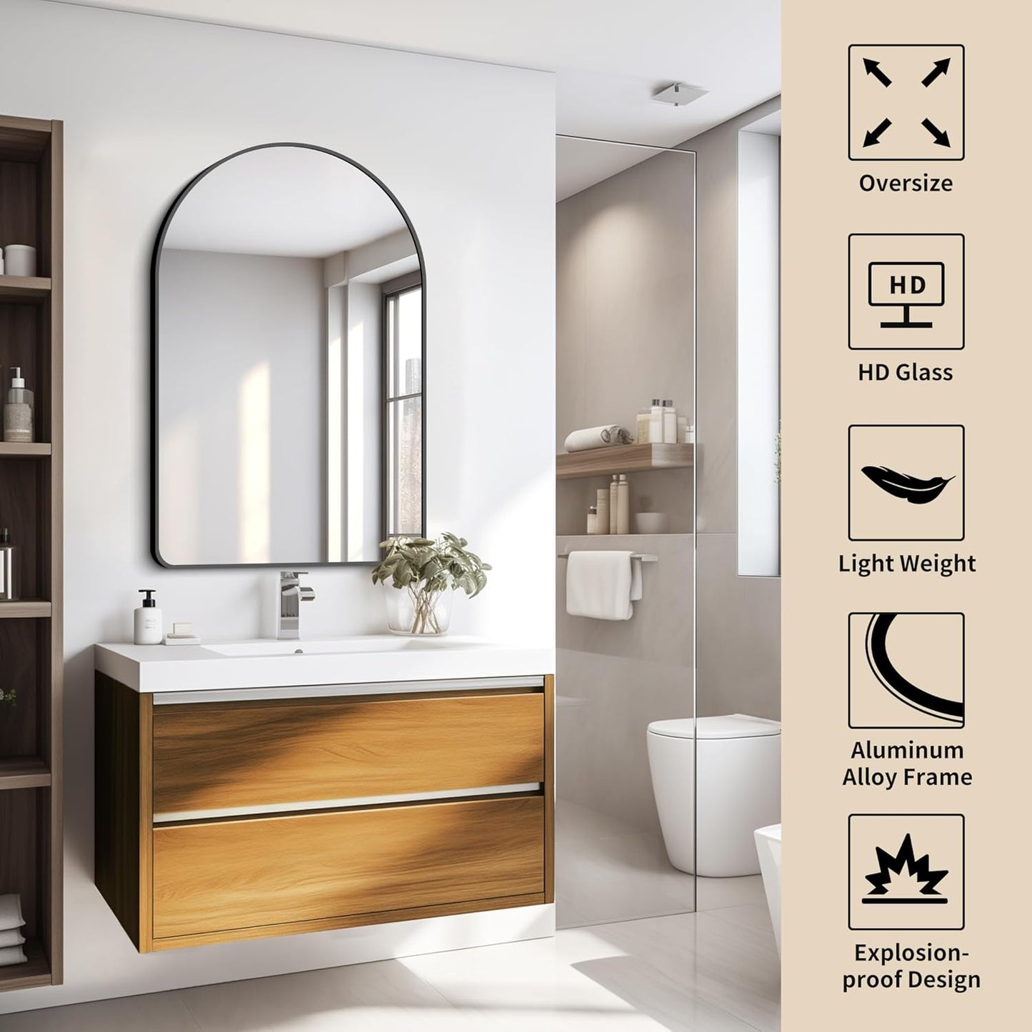 FORBATH Arched Bathroom Mirror 24x36 Inch,Bathroom Mirror Wall Mounted Modern Black Aluminum Alloy Frame Decor Dresser Mirror for Bedroom Living Room Entryway, Hanging or Leaning Against Wall