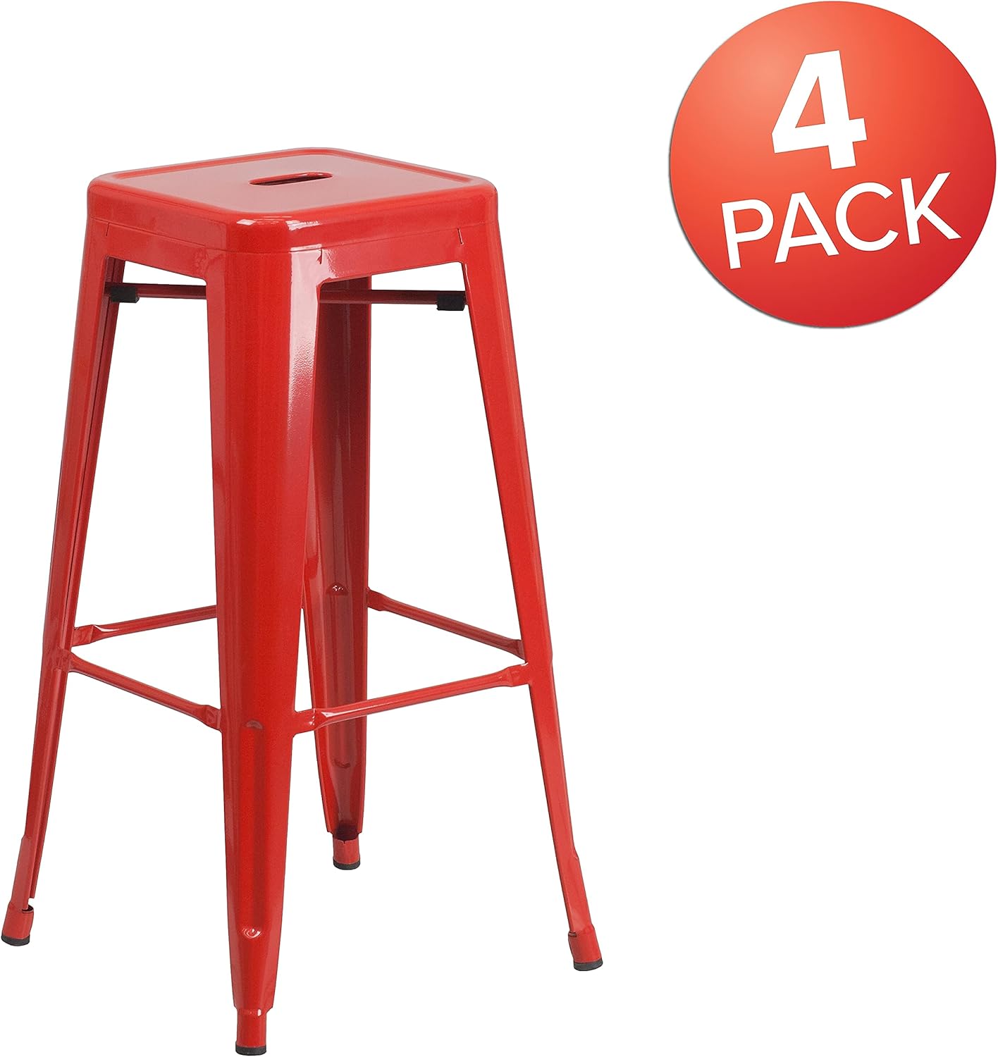 Flash Furniture Lily 4 Pack Commercial Grade 30" High Backless Red Metal Indoor-Outdoor Barstool with Square Seat
