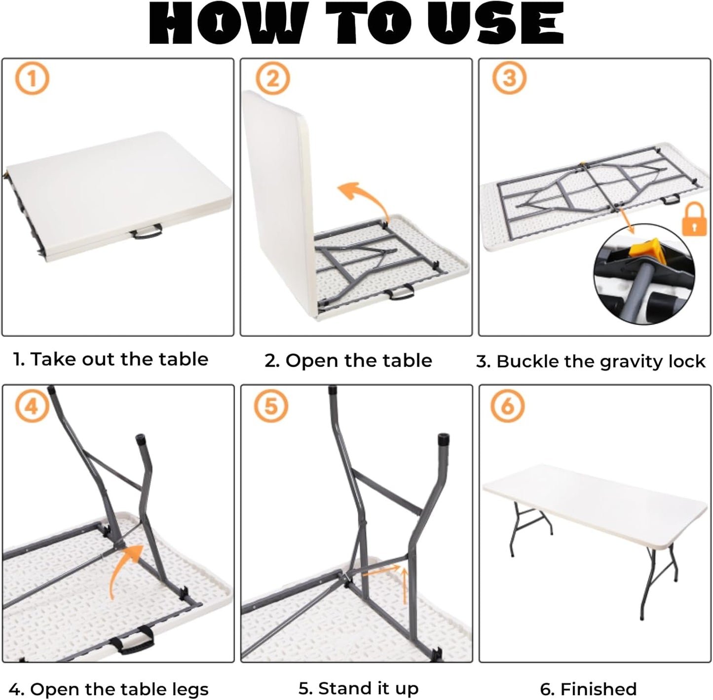 Goaste 6 Foot Folding Table, Portable Plastic Dining Table, Fold-in-Half Heavy Duty Table Indoor Outdoor for Camping, Picnic, Party, BBQ, Wedding, White