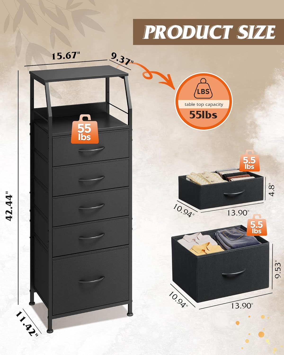 WLIVE Black Fabric Dresser for Bedroom, Tall Nightstand with 5 Drawers & 2 Open Shelves, Modern Night Stand Organizer, Sturdy Steel Frame Bedside Table