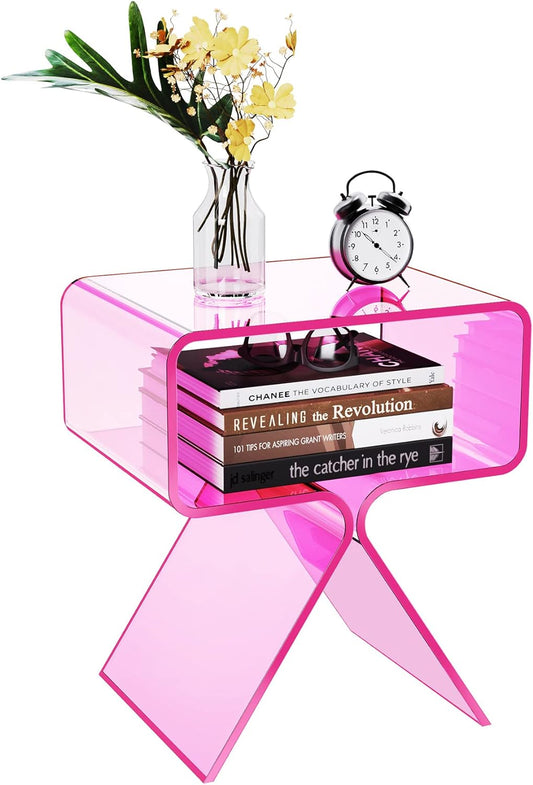 Acrylic Nightstand Side Table Modern Design Clear Home Decor Display End Table for Living Room (Pink)