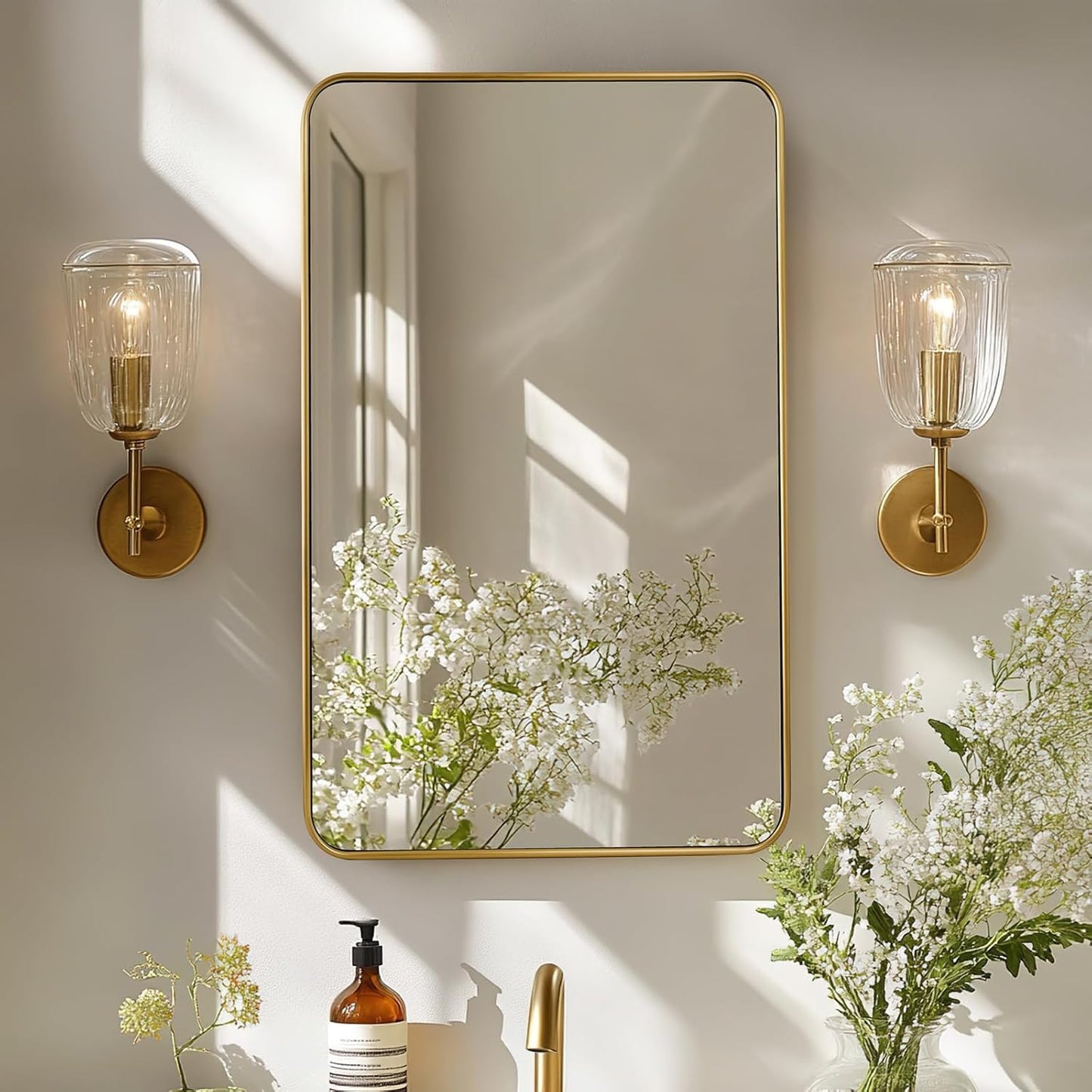 ANDY STAR 24x36 Rectangle Bathroom Mirror, Brushed Gold Stainless Steel Metal Frame Bathroom Mirror for Over Sink, Modern Rounded Corner Brass Vanity Wall Mirror, Hangs Horizontally or Vertically