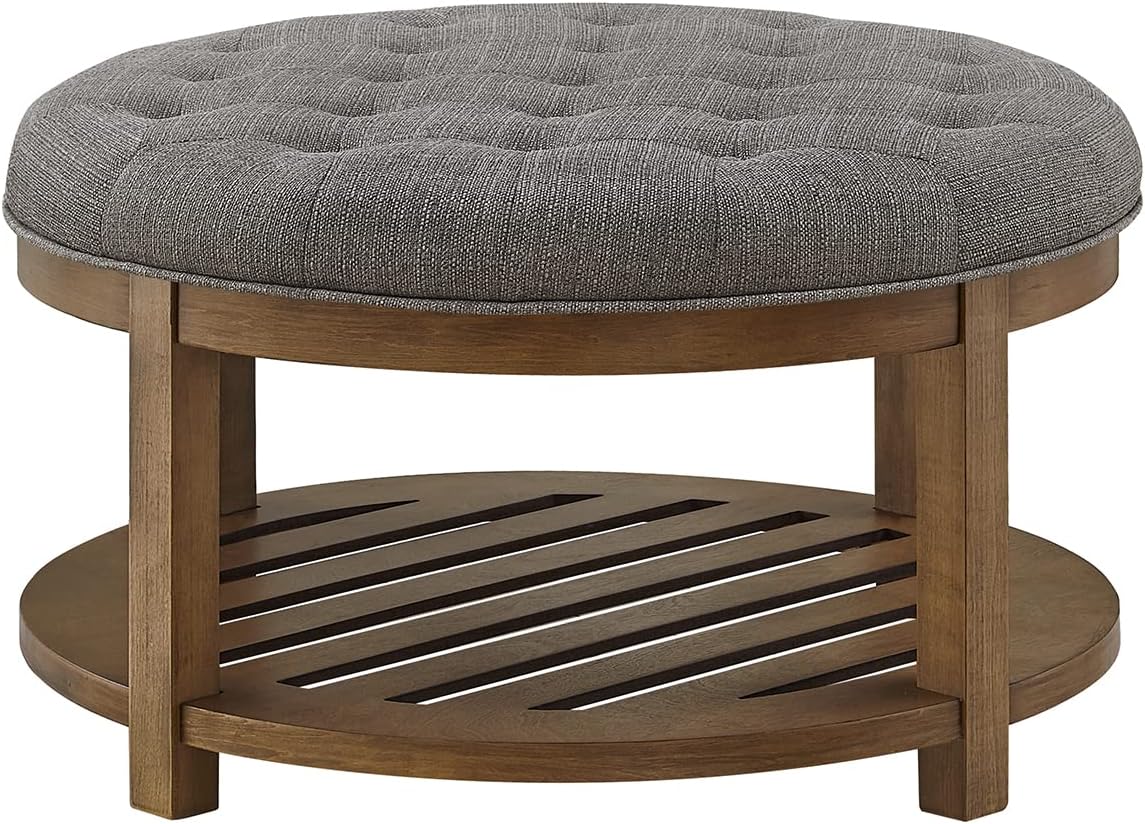 24KF Large Round Upholstered Tufted Linen Ottoman Coffee Table, Large Footrest Ottoman with Wood Shelf Storage-Granite