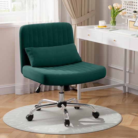Warmiehomy Criss Cross Office Chair with Wheels, Velvet Cross-Legged Desk Chairs for Home, Armless Height Adjustable Swivel Wide Seat Computer Chair, Morden Vanity Chair for Women, Dark Green
