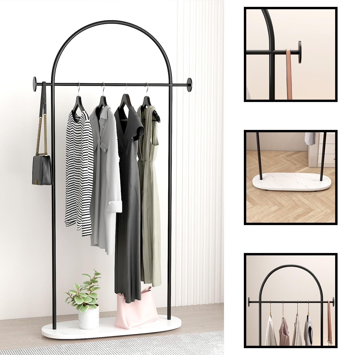 Black Clothing Rack, Modern Clothes Rack with Shelf, Heavy Duty Freestanding Coat Rack, Metal Coat Hanger Stand with Hooks for Boutique Office