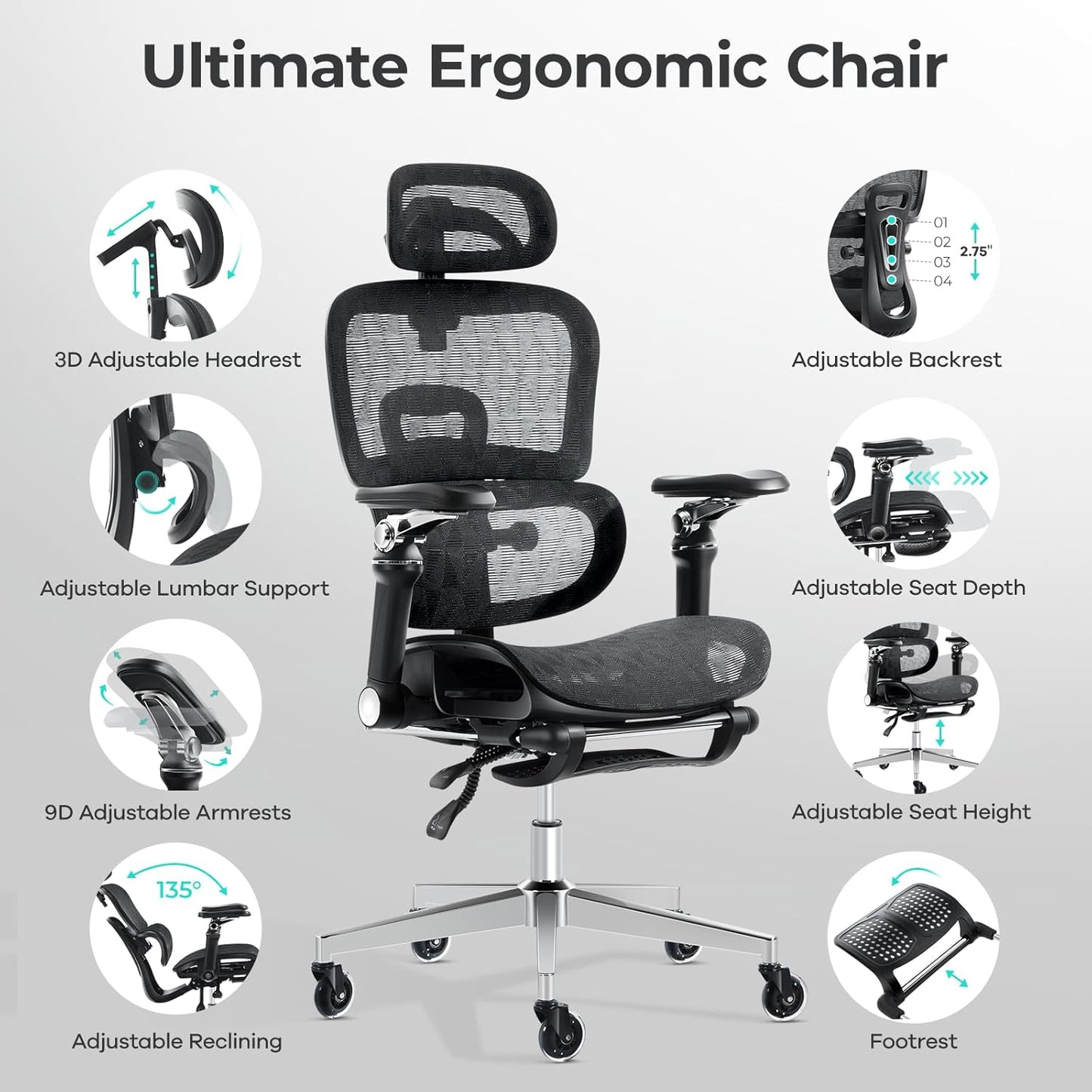 Ergonomic Office Chair with 9D Arms,Adjustable Seat Depth,3D Lumbar Support,135° Recline,3D Headrest & Footrest,Mesh Computer Desk Chair - Ultimate Comfort for Home & Executive Office Black