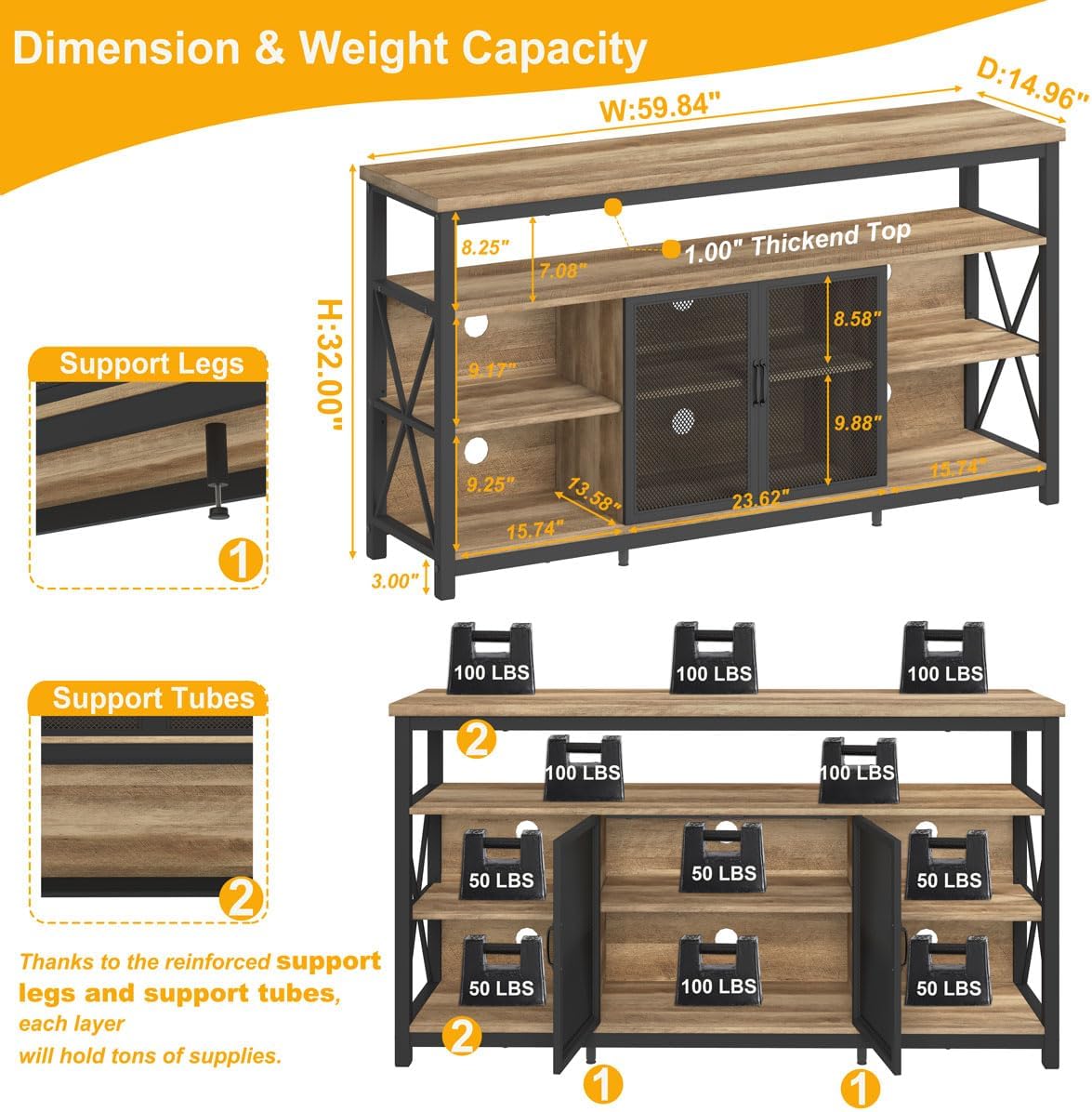 BON AUGURE Tall TV Stand for 65 55 Inch TVs, Industrial Entertainment Center with Storage Cabinet, Wood Farmhouse TV Media Console for Living Room and Bedroom (32 Inch High, Vintage Oak)