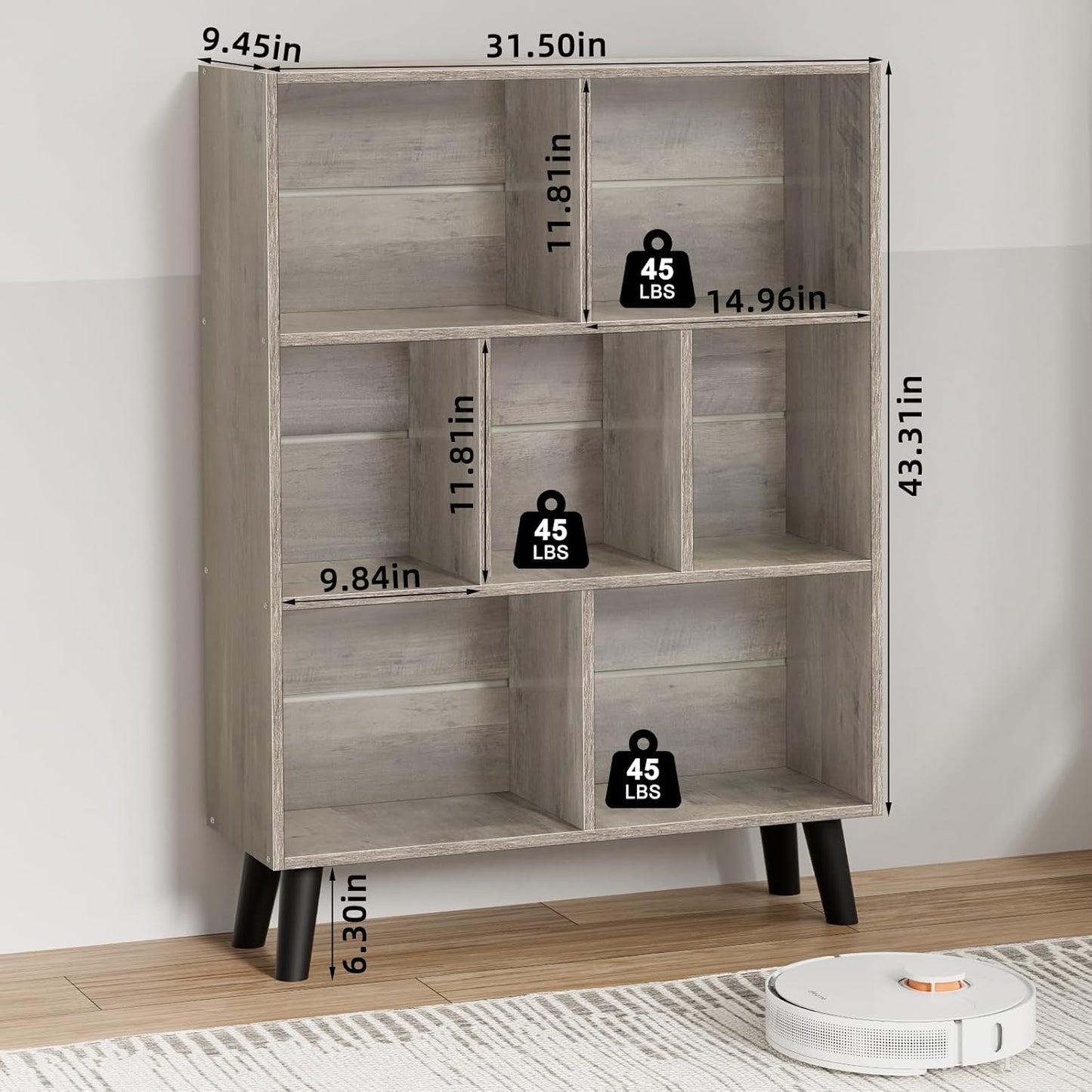 LEYAOYAO 7 Cube Bookshelf, 3 Tier Modern Bookcase with Legs, Mid-Century Modern Wood Book Shelves Storage, Retro Grey Book Case, Freestanding Organizer Display Shelf for Bedroom,Living Room,Office