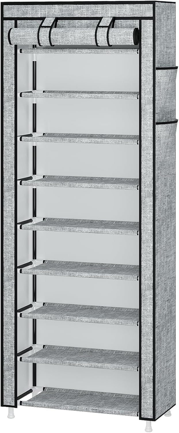 Calmootey 9 Tier Shoe Rack Organizer,Portable Shoe Shelf with Nonwoven Fabric Cover for Closet Hallway,Bedroom,Entryway, Ash Grey