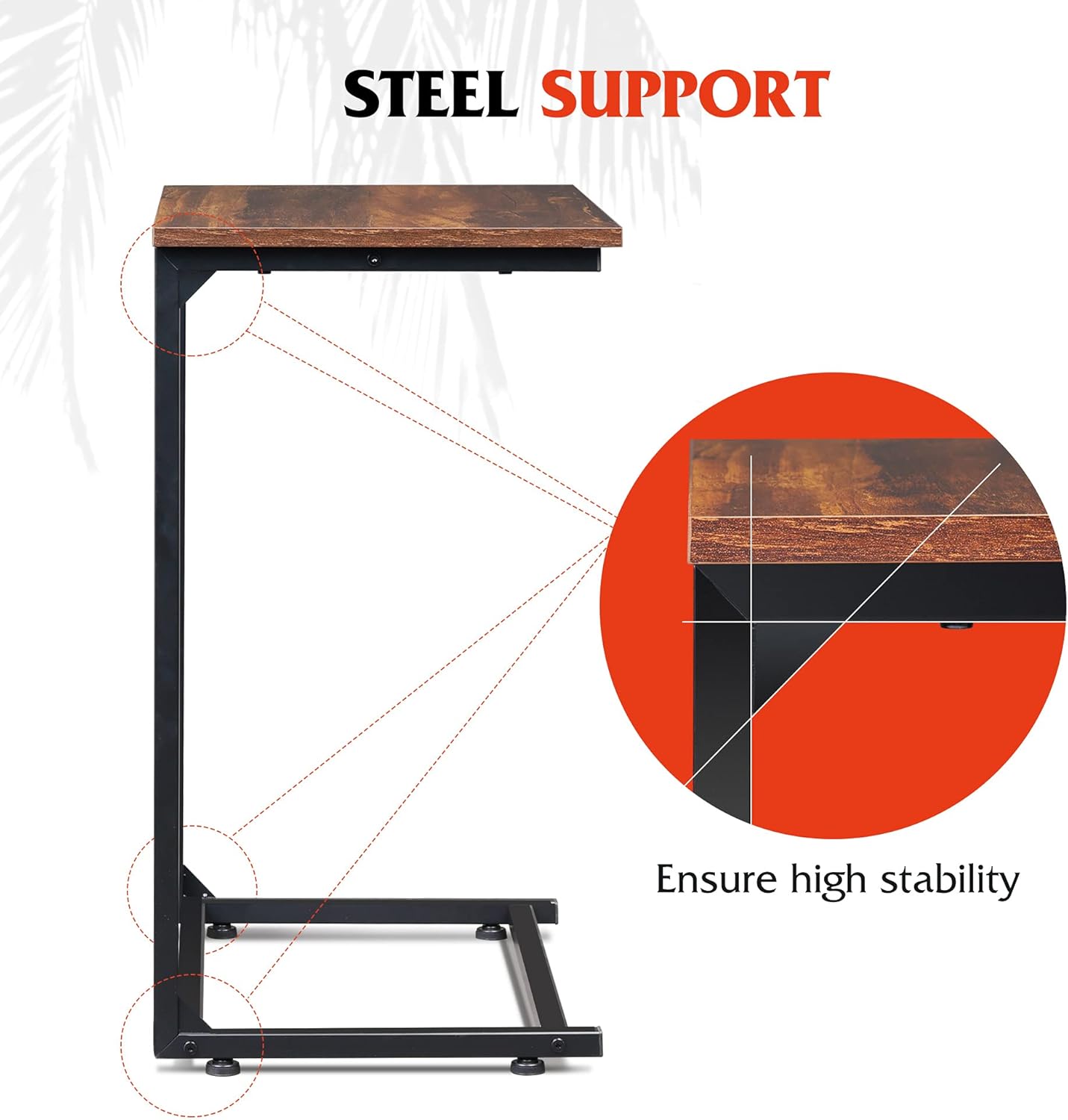 WLIVE C-Shaped End Table, Small Side Tables for Sofa, Wide Couch Table That Slide Under, Laptop Snack Table for Living Room, Bedroom, Home Office, Retro Brown