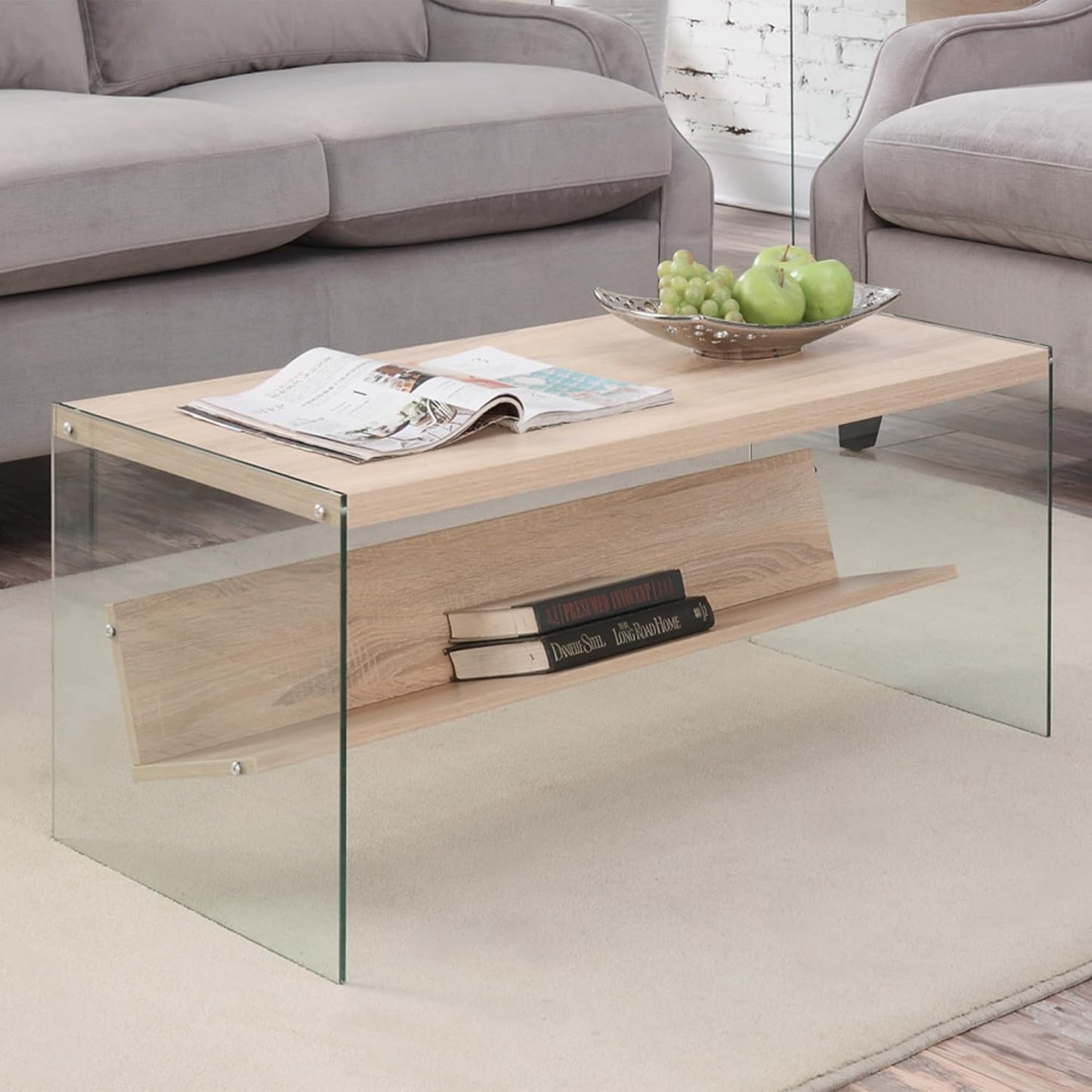 Convenience Concepts SoHo Glass Coffee Table 40" - Modern Living Room Table with Storage Shelf, Contemporary Coffee Table for Family Room, Weathered White
