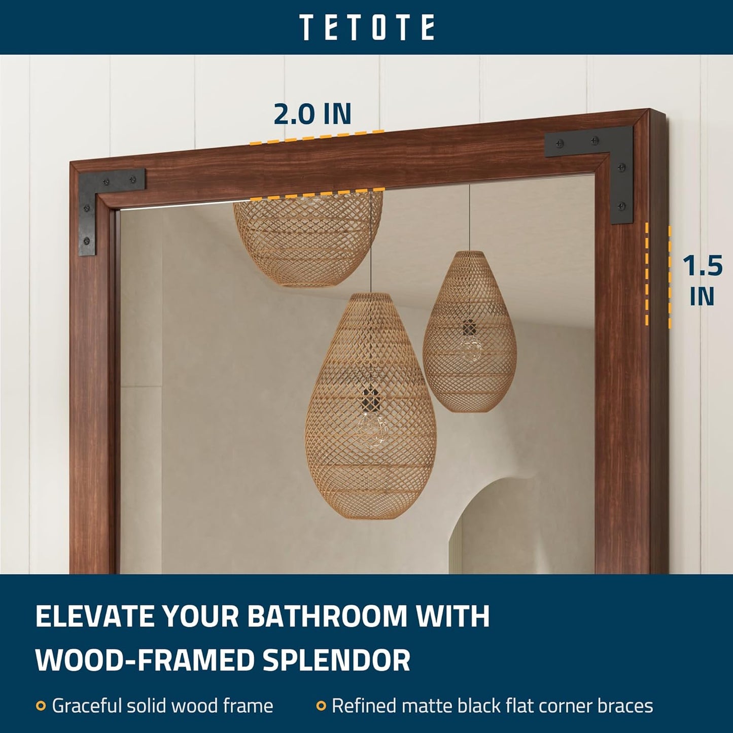 TETOTE 30 x 36 Walnut Wooden Mirror for Bathroom Wall/Bedroom/Living Room/Entryway Farmhouse Rustic Bathroom Vanity Mirror Brown Waterproof (Horizontal/Vertical Mounted)