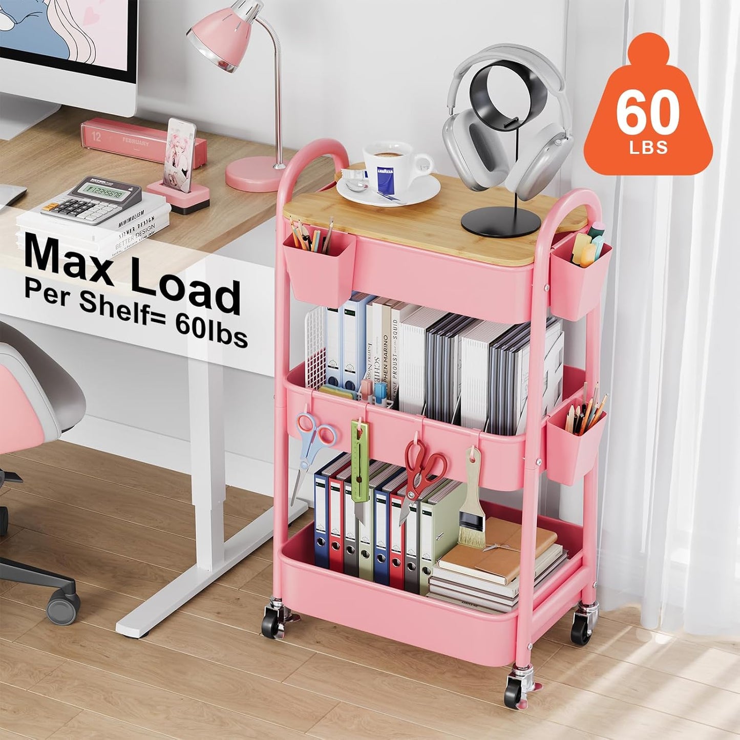 3 Tier Rolling Cart Metal with Wheels & Table Top, Pink Utility Cart with Cups and Hooks, Three Tiered Craft Cart Organizer on Wheels, Storage Carts for Salon, Lash, Hair, Nail, Makeup, Diaper, Book