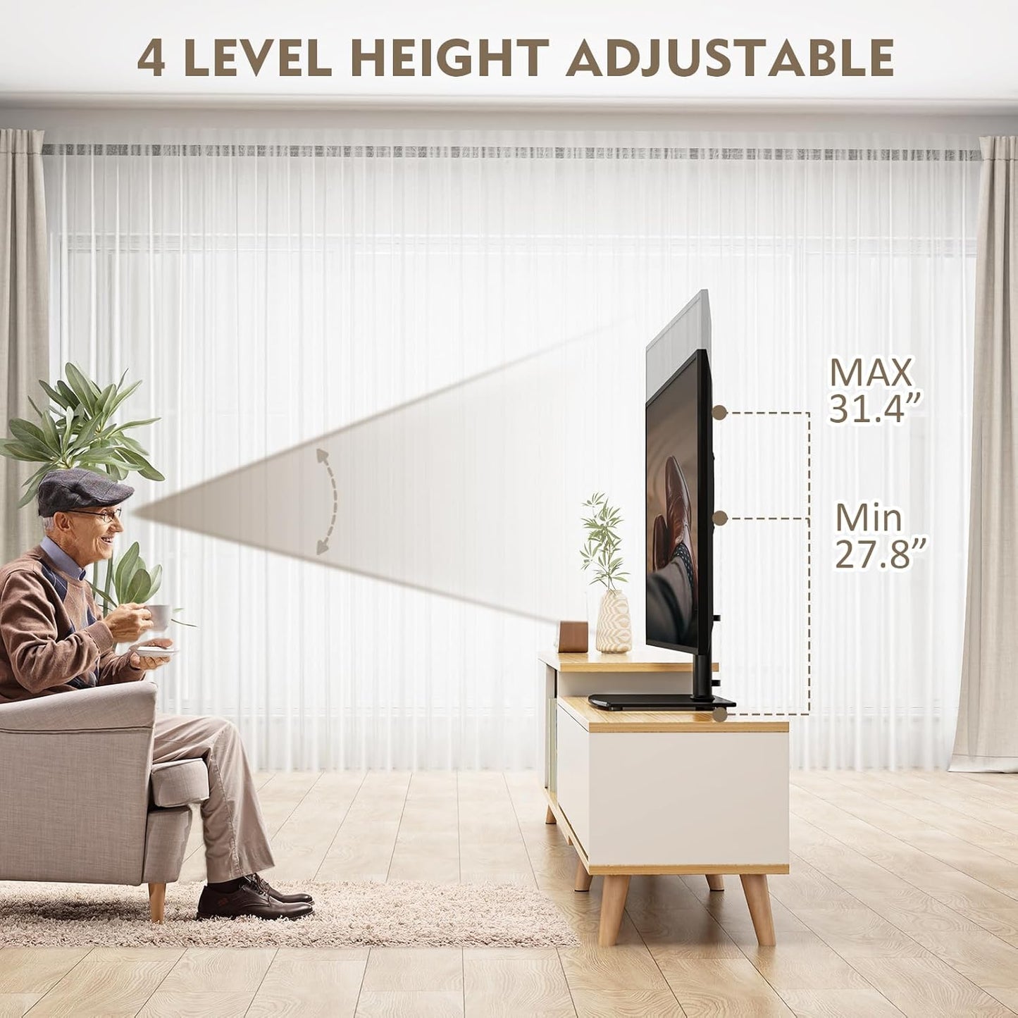 Universal Swivel TV Stand/Base Table Top TV Stand 32 to 65 inch TVs 80 Degree Swivel, 4 Level Height Adjustable, Heavy Duty Tempered Glass Base, Holds up to 88lbs Screens, HT04B-002