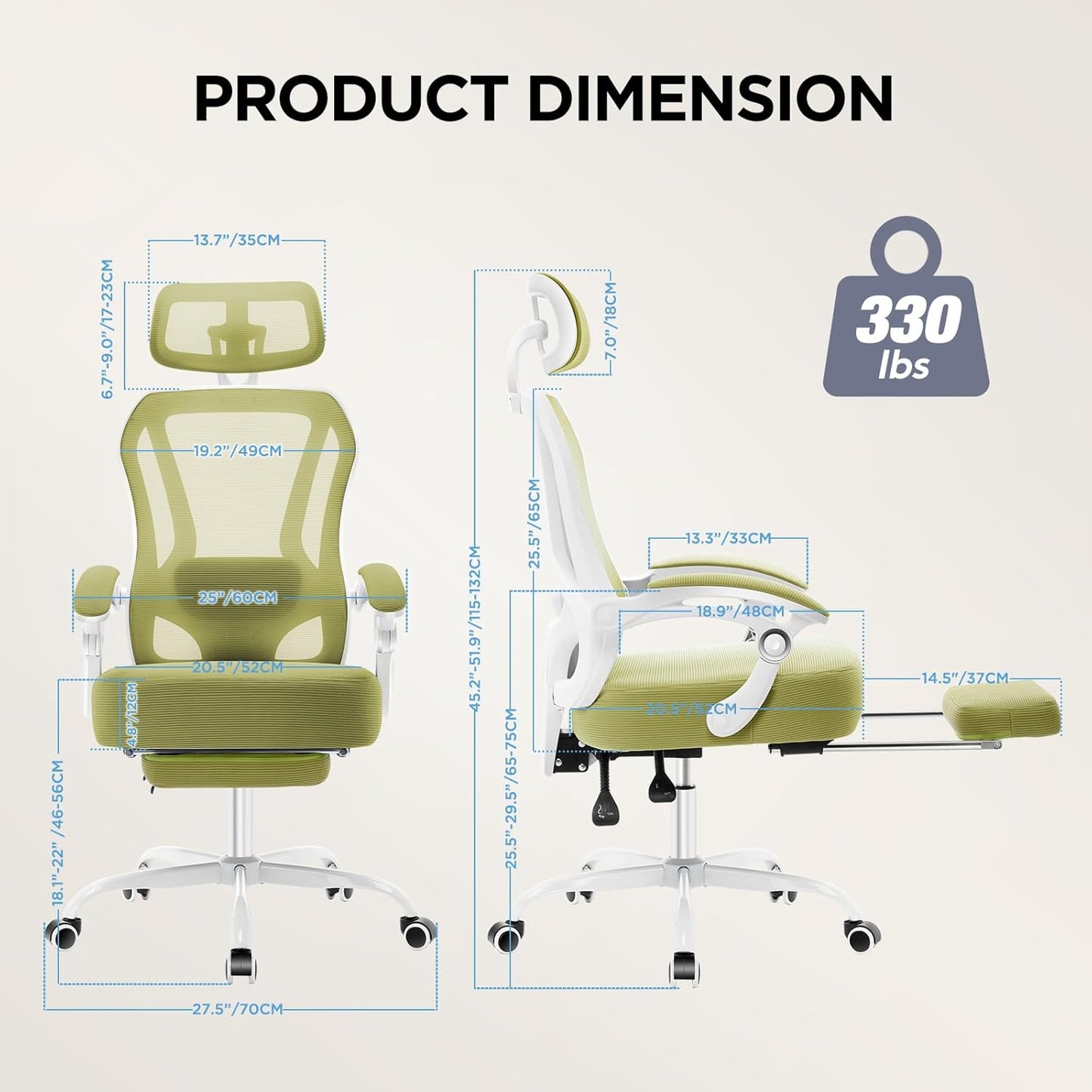 Ergonomic Office Chair with Footrest,Ultra Thick Reclining Office Desk Chair with Adjustable 2D Lumbar Support and Headrest,Spring Cushion,High Back Premium Mesh Computer Chair Office Chairs,Green