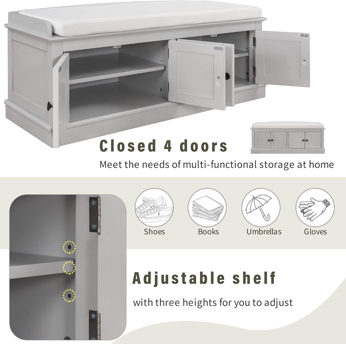 Vintage Hallway Storage Bench with 4 Doors and Adjustable Shelves,Entryway Shoe Rack W/Removable Cushion,for Living Room Bedroom Porch,Gray Wash,42″