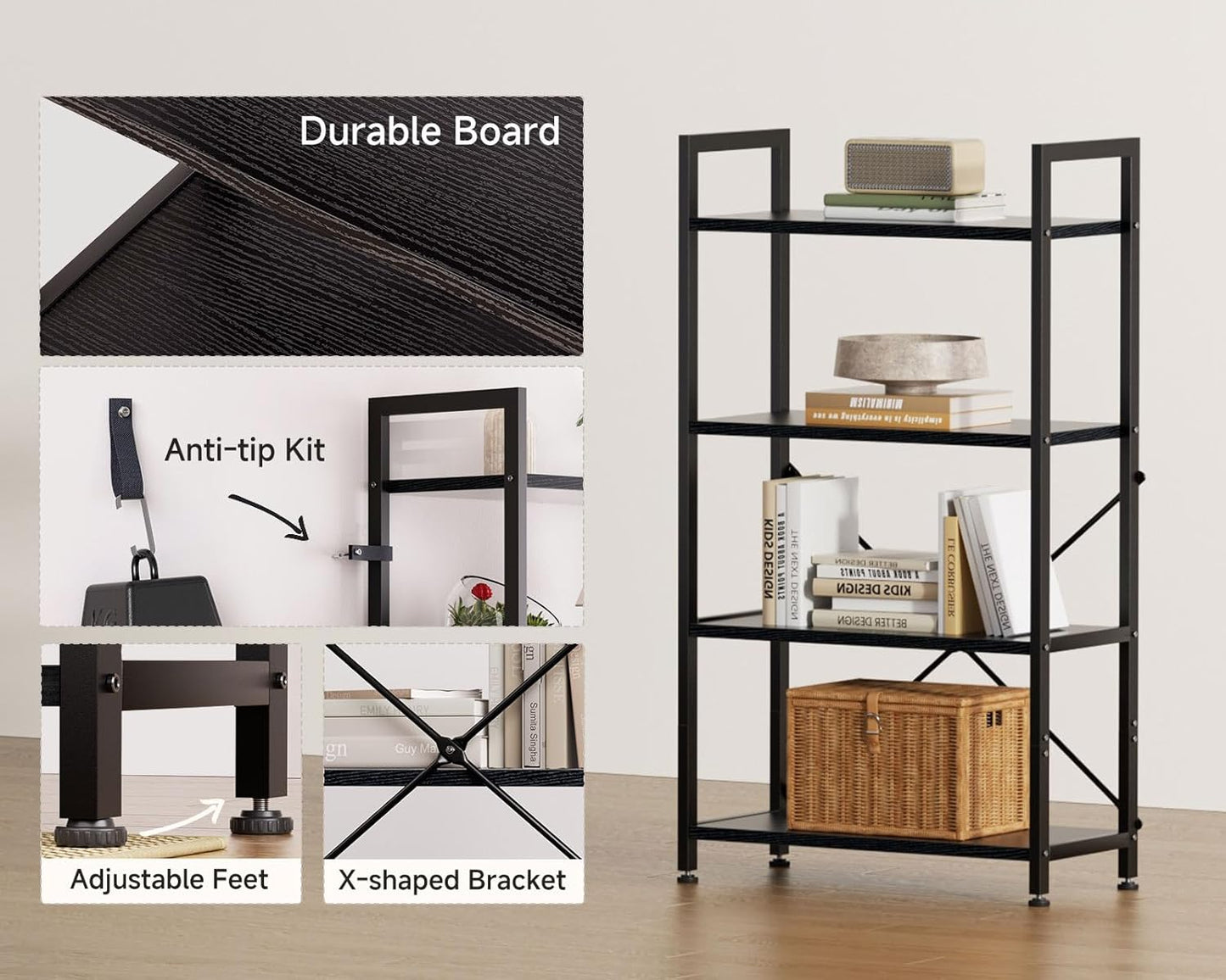 Casaottima Book Shelf, 4 Tier Bookshelf, Modern Wood Bookcase Shelves for Bedroom, Industrial Display Shelf for Living Room Home Office Kitchen, Standing Shelving Unit Storage Organizer, Black