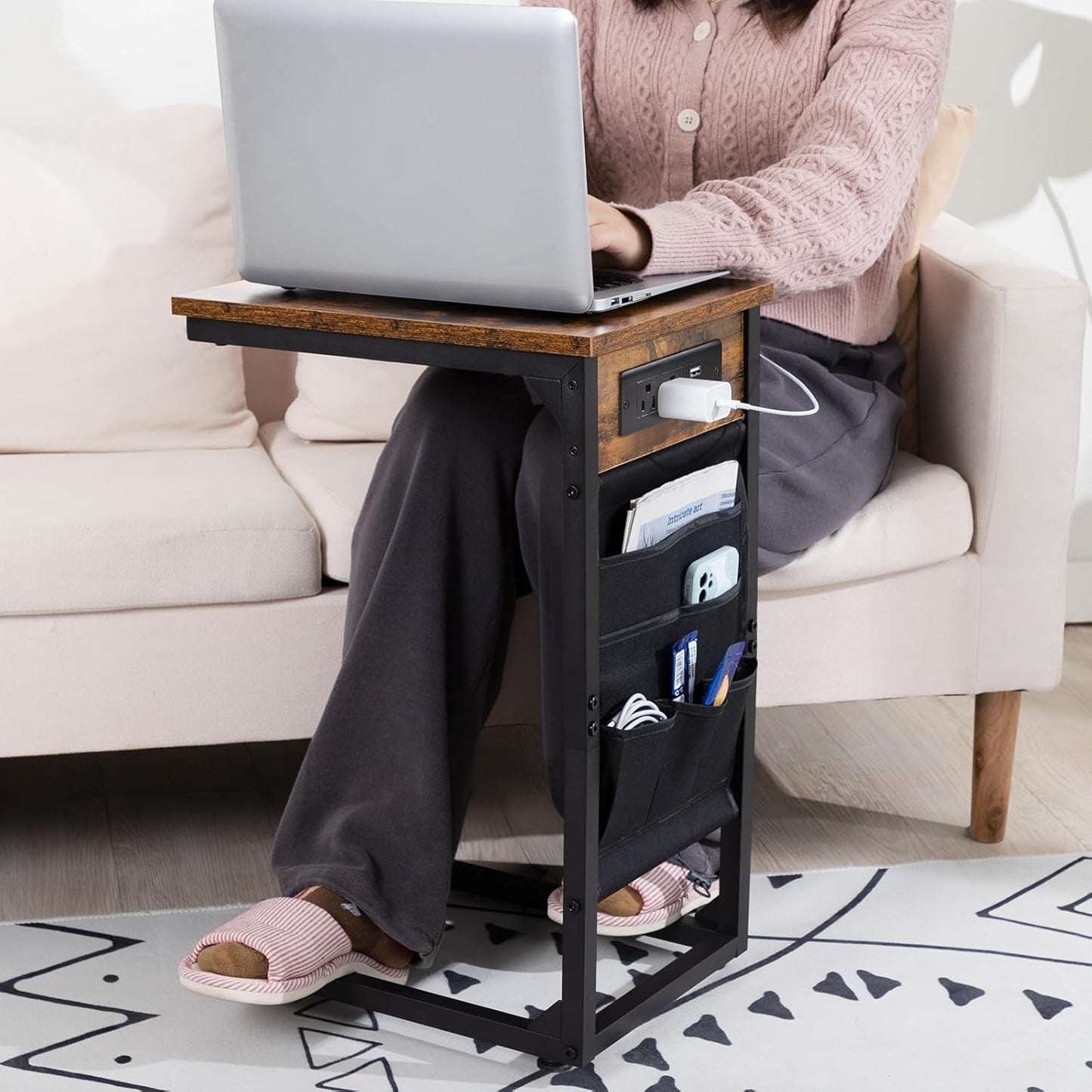 AMHANCIBLE C Shaped End Table with Charging Station, TV Tray Set of 2, Couch Tables with Storage Bag, Slide Under Sofa Side Table with USB Ports and Outlets for Living Room, Rustic Brown HET04CBR