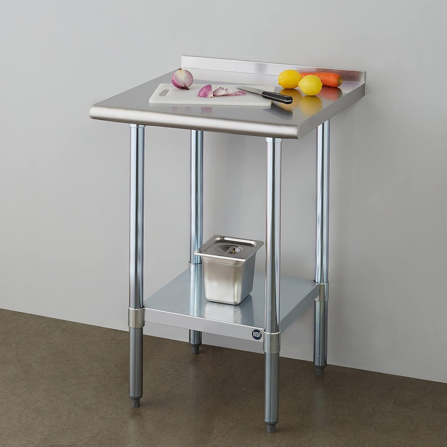 ROCKPOINT Stainless Steel Table for Prep & Work with Backsplash 24x24 Inches, NSF Metal Commercial Kitchen Heavy Duty Table with Adjustable Under Shelf and Table Foot for Restaurant, Home and Hotel