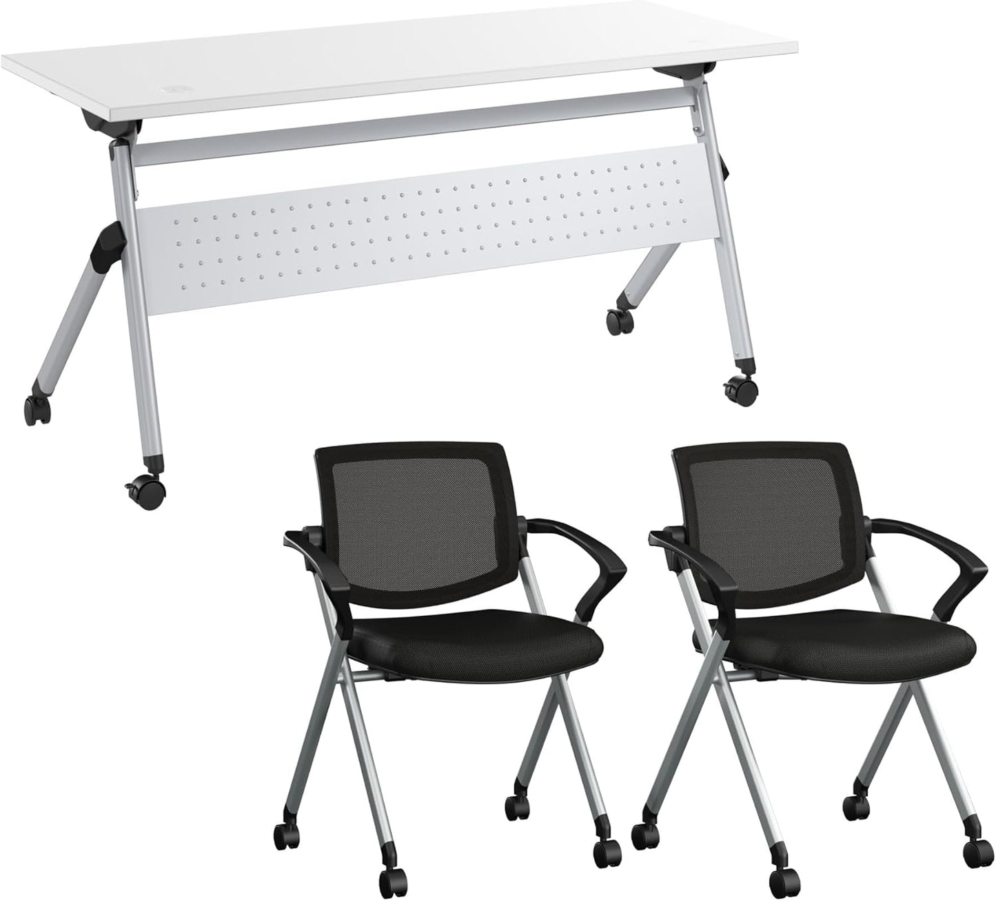 Bush Business Furniture Folding Training Table Set for 2, 60 inch, 2 Mesh Back Folding Chairs with Arms, Commercial-Grade Bundle for Office or Classroom, Envision Collection, White