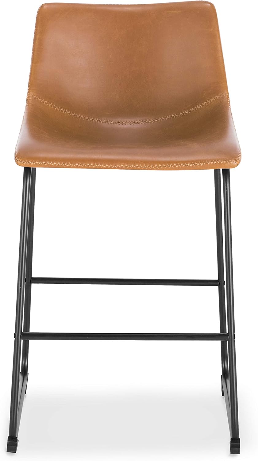 POLY & BARK Bar Stools Set of 3 – 34" Counter Height Chairs with Back, Tan PU Leather Seats with Metal Legs, Modern Industrial Style for Kitchen Island