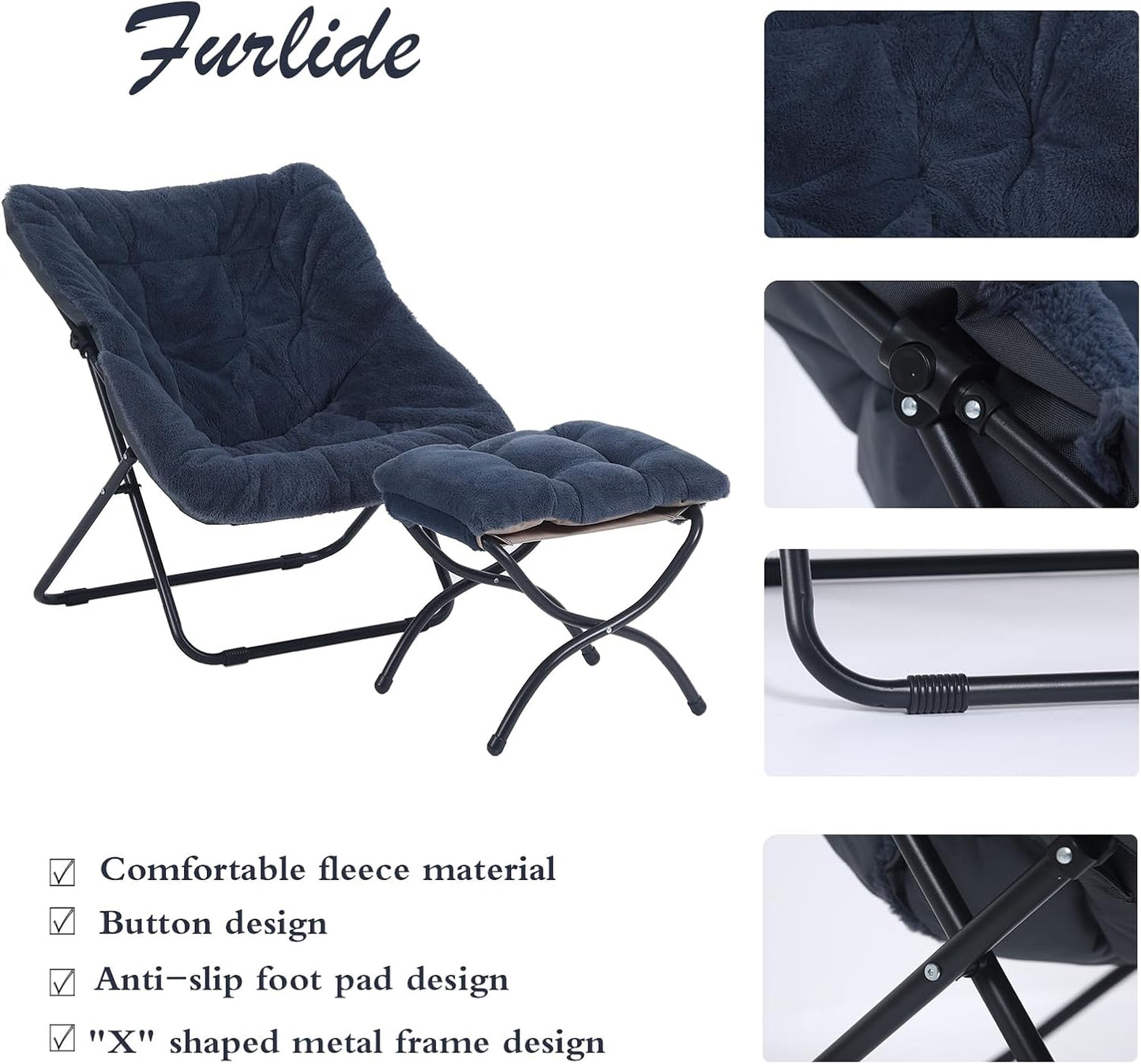Saucer Chair with Ottoman, Comfy Doorm Chairs, Oversized Folding Faux Fur Chair, Foldable Metal Frame Chair for Bedroom, Living Room(Navy Blue)