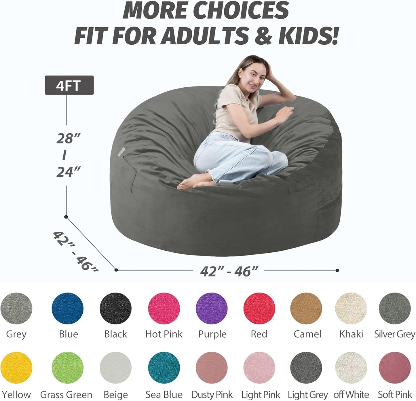 4FT Bean Bag Chair with Ultra Soft Velvet Cover Bean Bag Sofa with Memory Foam Bean Bag Chairs with Large Size Lazy Sofa for Dorm Office Living Room Bedroom Light Grey 4'