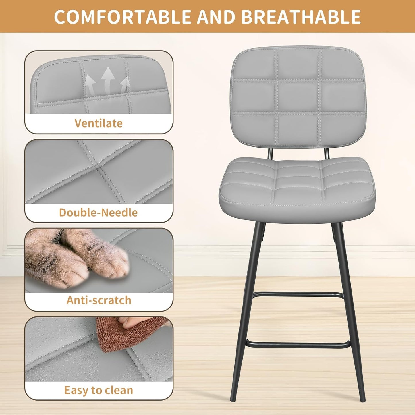 Bar Stools Set of 2, 24 Inch Upholstered Metal Barstool with Back and Footrest, Bar Chair with Metal Base for Dining Room Counter Island, Light Grey