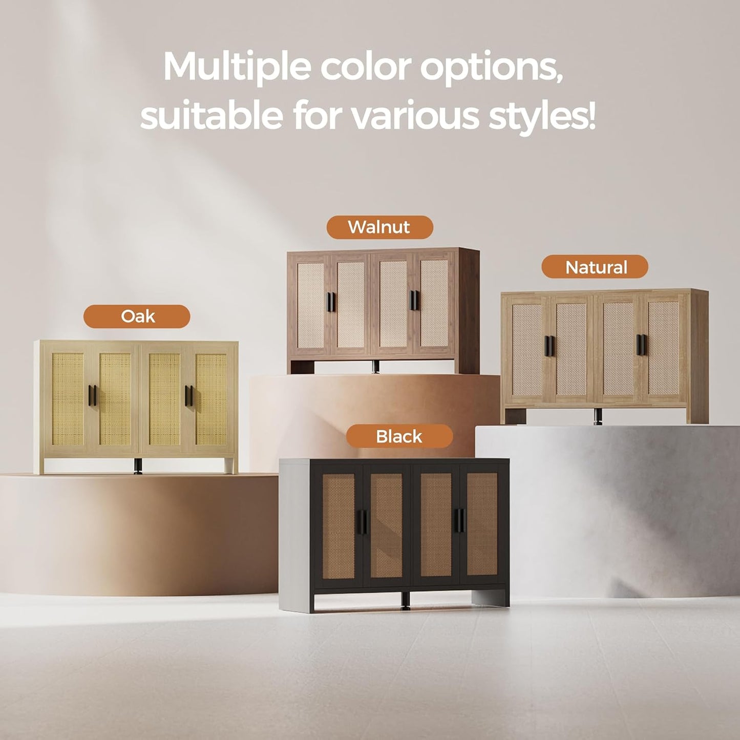 Rattan Buffet Cabinet with Storage, Sideboard Cabinet with Doors and Adjustable Shelves, Farmhouse Coffee Bar Station Table, Modern Wood Cupboard for Kitchen, Livingroom, Walnut