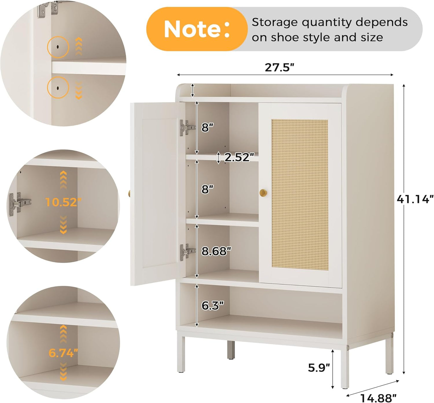 Rattan Shoe Cabinet Storage for Entryway, Shoe Cabinet with Adjustable Shelves for Entryway, 5-Tier, 20 Pair Shoe Rack Storage for Hallway, Closet, Living Room, White