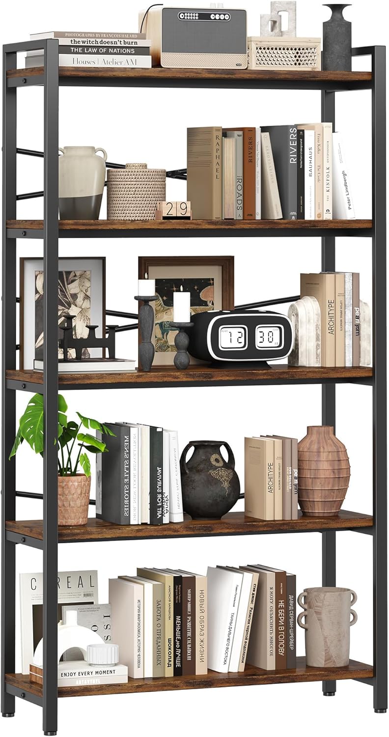 5 Tier Bookshelf 31.49" Width, Tall Book Shelf Storage and Organization, Wooden and Metal Industrial Bookcase, Large Book Shelves for Home Living Room Bedroom Office Storage(Vintage)