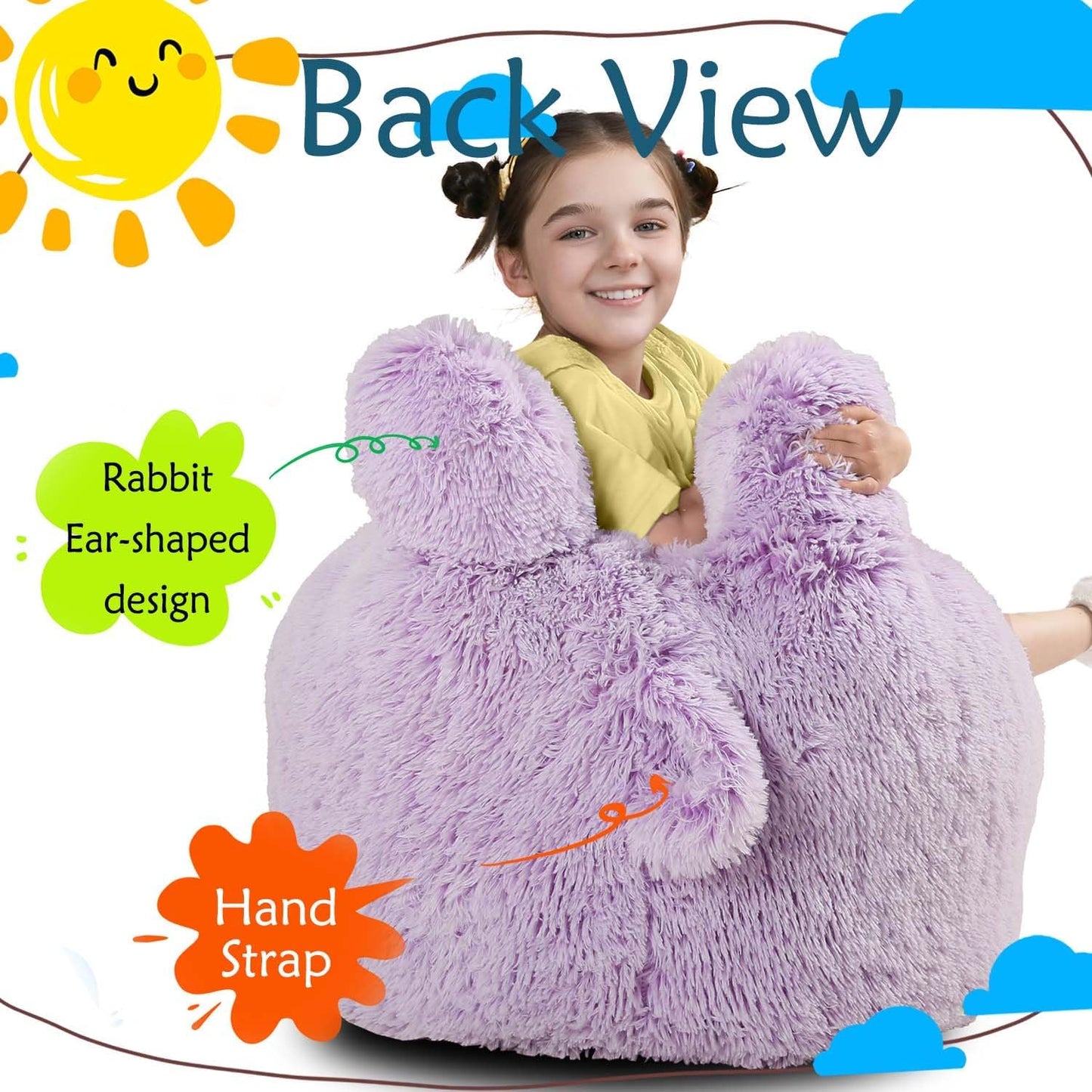 Bean Bag Chair for Kids with Plush Faux Fur Cover, 2.5FT Memory Foam Filled Bean Bag for Teens & Kids, Lazy Sofa for Living Room/Bedroom/Dorm, Rabbit-Ears Design
