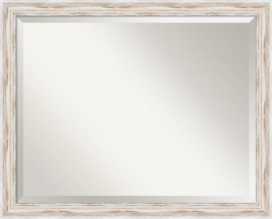 Amanti Art White Bathroom Mirror for Over Sink, 25x31 Alexandria White Wash Narrow Rectangle Vanity Mirror, Large Cottage Wood Frame, Hangs Horizonally and Vertically, Bathroom Wall Decor, Beveled
