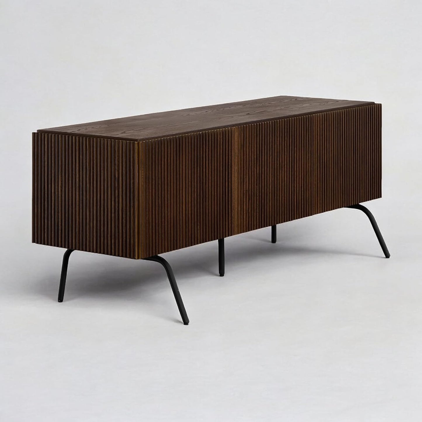 NTC Veil TV Stand with 3 Doors for TVs up to 60’’, Media Console with Vertical Groove Design and Metal Legs, Modern Entertainment Center for Living Room and Bedroom, Effortless Assembly, Dark Walnut