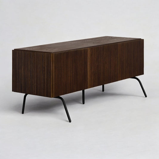 NTC Veil TV Stand with 3 Doors for TVs up to 60’’, Media Console with Vertical Groove Design and Metal Legs, Modern Entertainment Center for Living Room and Bedroom, Effortless Assembly, Dark Walnut