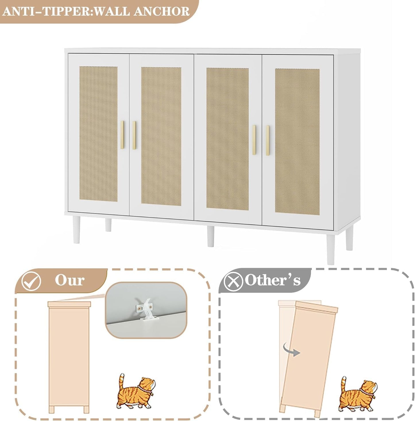 Sideboard - Buffet Cabinet with Storage, Rattan Storage Cabinet with 4 Doors and Adjustable Shelves, Accent Sideboard with Solid Wood Leg for Living Room (White)