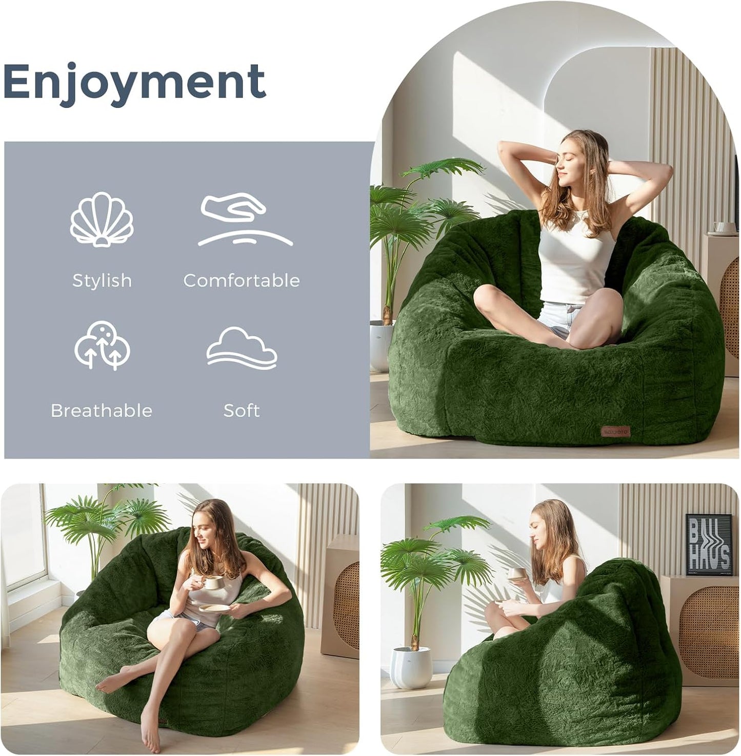 MAXYOYO Giant Bean Bag Chair, Oversized Bean Bag Couch for Adults and Kids, Faux Fur Shell-Shaped Large Chair with Filler, Stuffed Big Accent Sofa Floor Sofa for Gaming, Reading, Green