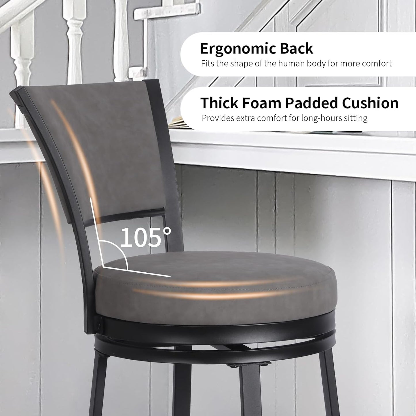 Bar Stools, Modern Counter Height Barstools Set of 2, 25" Faux Leather Round Swivel Bar Stools with Backrest, Upholstered Metal Bar Chairs for Kitchen Island, Kitchen Counter, Pub, Grey