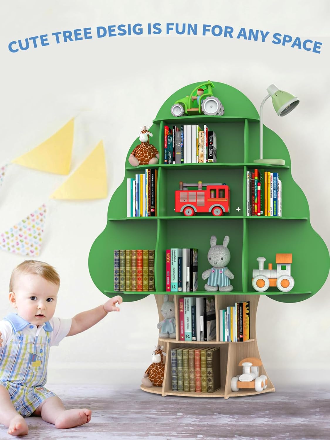 Tree Kids Bookshelf, Toddler Wood Bookcase, 16-Cubby Children Toy Storage Organizer Book Shelf for Kids Rooms, Nursery, Bedroom, Living Room, Classroom, Boy Girl’s Gift (Green Tree)