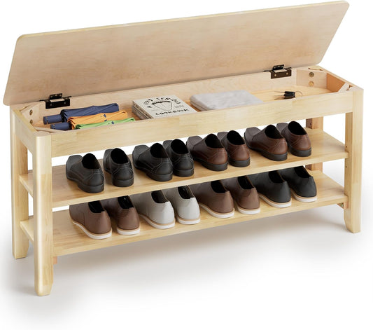 Shoe Storage Bench for Entryway - 3 Tier Shoe Rack for Front Door Entrance, Rubberwood Shoes Rack Height Adjustable, Entryway Bench with Shoes Storage for Any Room (Natural, 39.4" W)