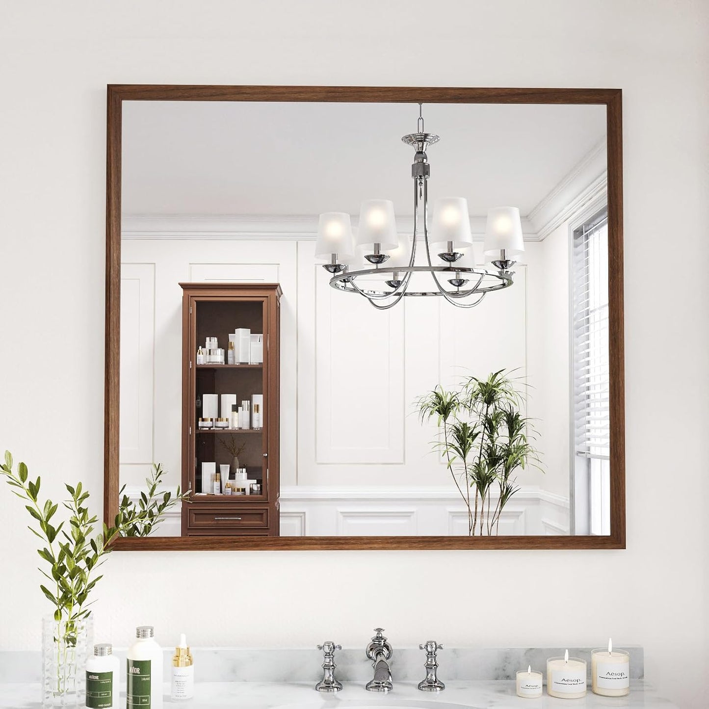WEER Bathroom Mirror, 40x36 Inch Wall Mirror, Walnut Wood Grain Framed Mirror, Rectangle Vanity Mirror, Tempered Glass, Anti-Rust, Hangs Horizontally or Vertically
