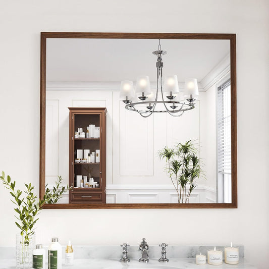 WEER Bathroom Mirror, 40x36 Inch Wall Mirror, Walnut Wood Grain Framed Mirror, Rectangle Vanity Mirror, Tempered Glass, Anti-Rust, Hangs Horizontally or Vertically