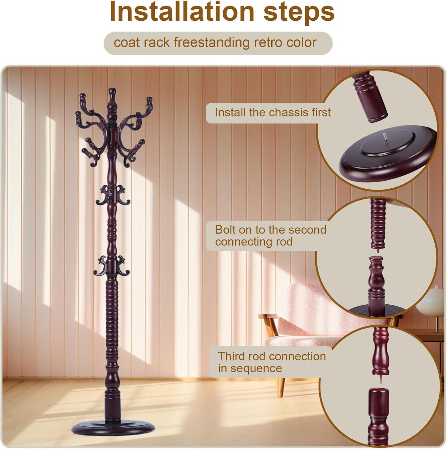 Coat Rack Freestanding with 18 Hooks, Wooden Standing Coat Racks for Entryway, Solid Wood Clothes Hanger Rack with Sturdy Round Base for Entryway, Hall, Bedroom, Office, Hallway