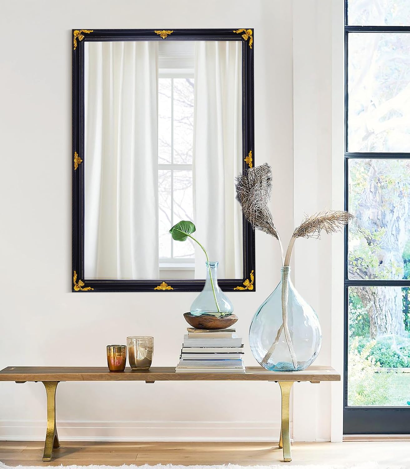 39" x 27" Large Vintage Decoration Mirror, Dark Antique Mirror Wall Decor for Living Room Fireplace, Black and Gold Victorian Wood Frame Glass Wall Decor for Bathroom