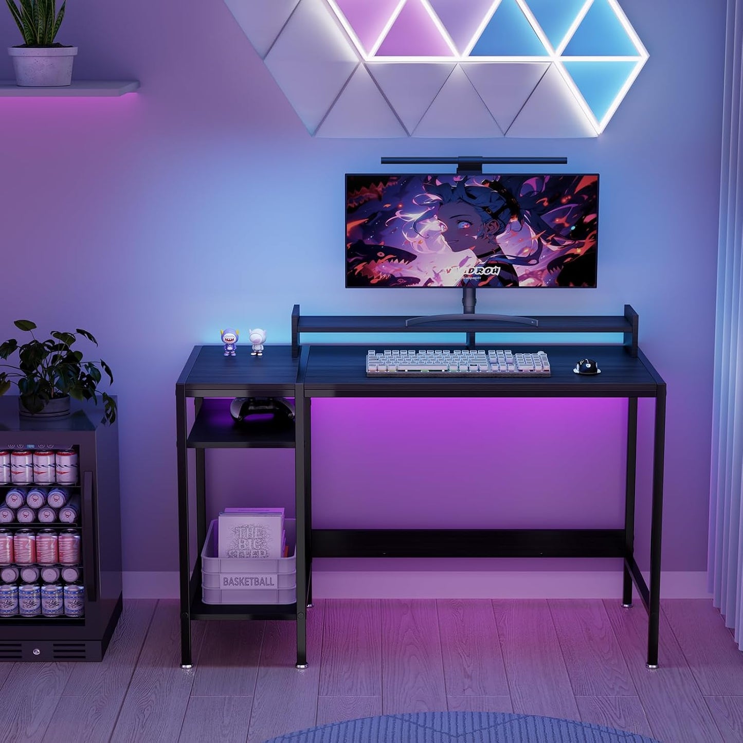 Computer Gaming Desk with Monitor Stand, Home Office Desk Suitable for 2 Monitors, Writing Desk with Adjustable Storage Space,Sturdy and Durable Modern Small Desk (Black, 47 inchs)