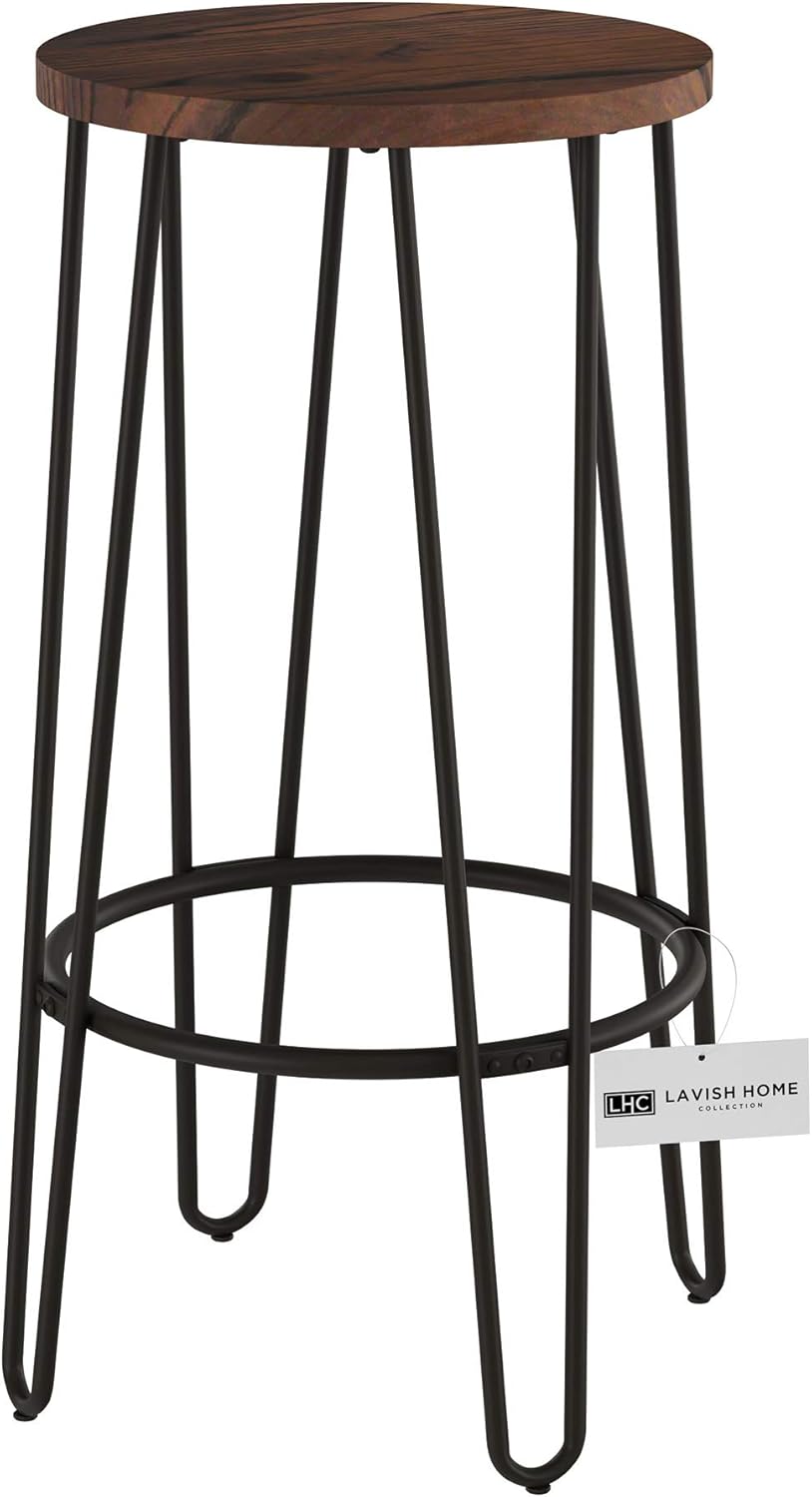 Lavish Home Set of 2 Counter-Height Bar Stools - 29.5" Round Wood Barstools with Hairpin Legs for Kitchen or Dining Room - Modern Farmhouse Furniture